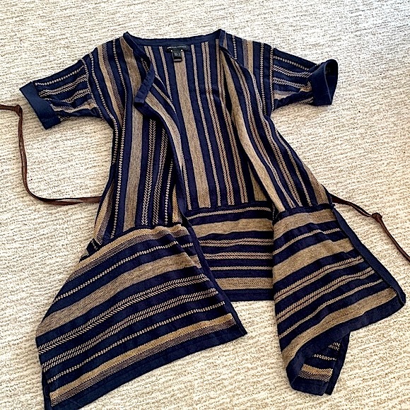 MNG MANGO Striped Cardigan Size Small Short Sleeve Sharkbite Hem Faux Suede Belt - Picture 5 of 14